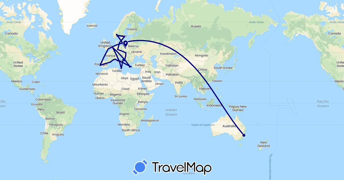 TravelMap itinerary: driving in Australia, Germany, Denmark, Spain, France, United Kingdom, Greece, Croatia, Hungary, Italy, Monaco, Malta, Netherlands, Norway, Poland, Portugal, Sweden, Slovakia (Europe, Oceania)